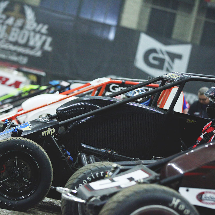 Shane Cottle prepares to face Zach Daum in the opening round of the 1 on 1 match races to earn the pole for The 2016 Chili Bowl in Tulsa, Oklahoma. ( Jeffrey Turford / TDP )
