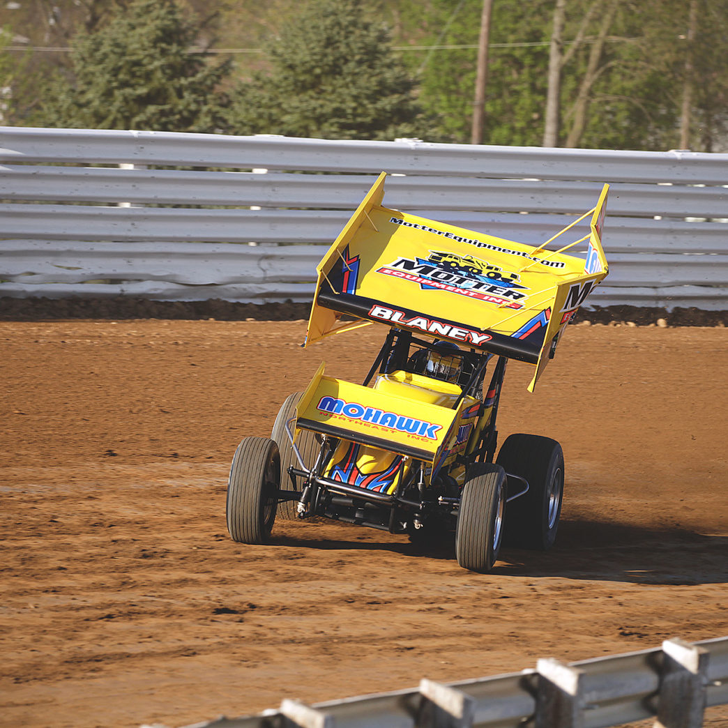Dave Blaney pushes the car beyond its physical limits during qualifying at Selinsgrove Speedway for the Arctic Cat All Star Circuit of Champions event in 2016. ( Jeffrey Turford / TDP )