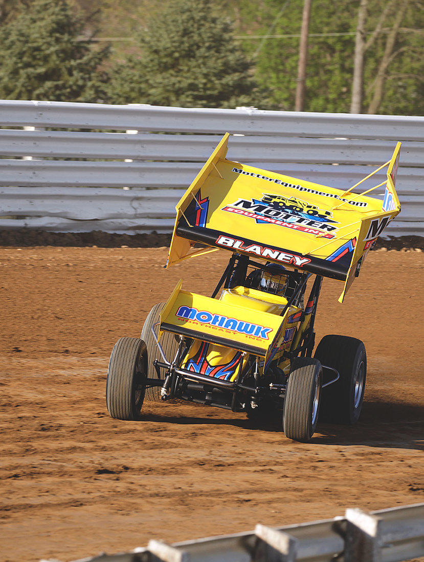 Dave Blaney pushes the car beyond its physical limits during qualifying at Selinsgrove Speedway for the Arctic Cat All Star Circuit of Champions event in 2016. ( Jeffrey Turford / TDP )