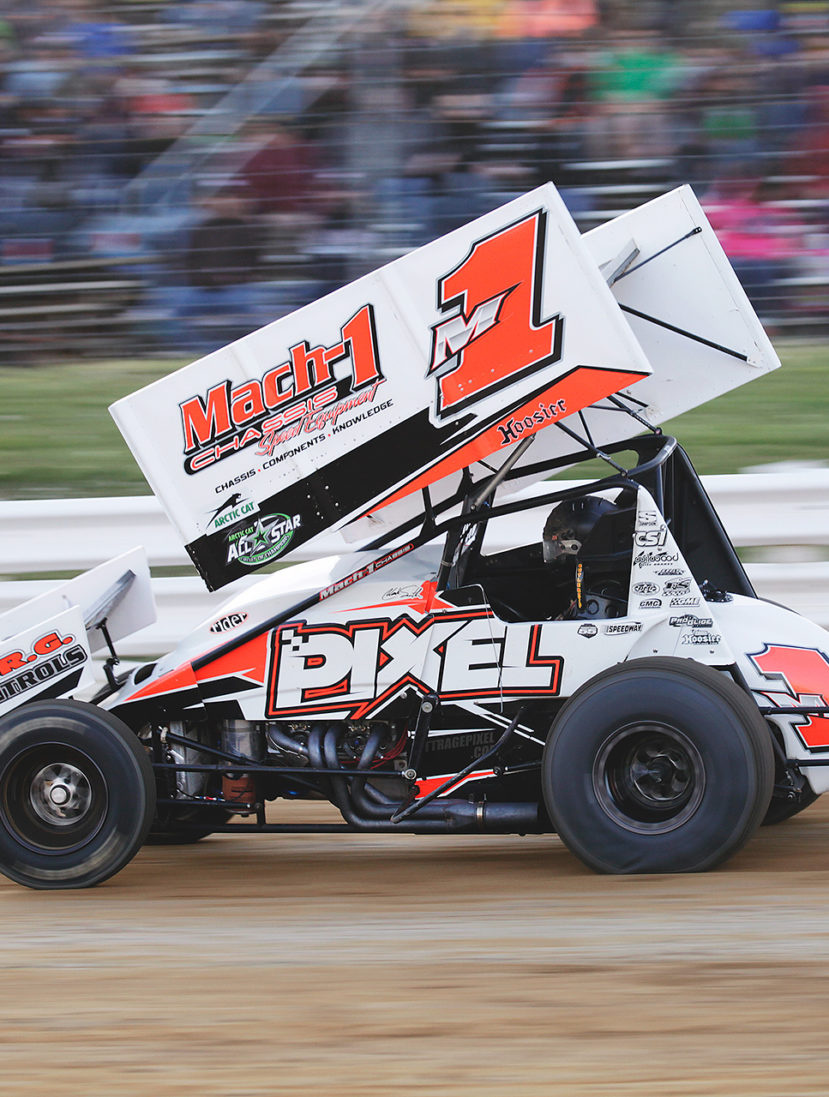 M1 driver; Mark Smith charges hard into turn 1 at Selinsgrove Speedway in 2016. He would later finish 3rd in the Feature that evening. ( Jeffrey Turford / TDP )