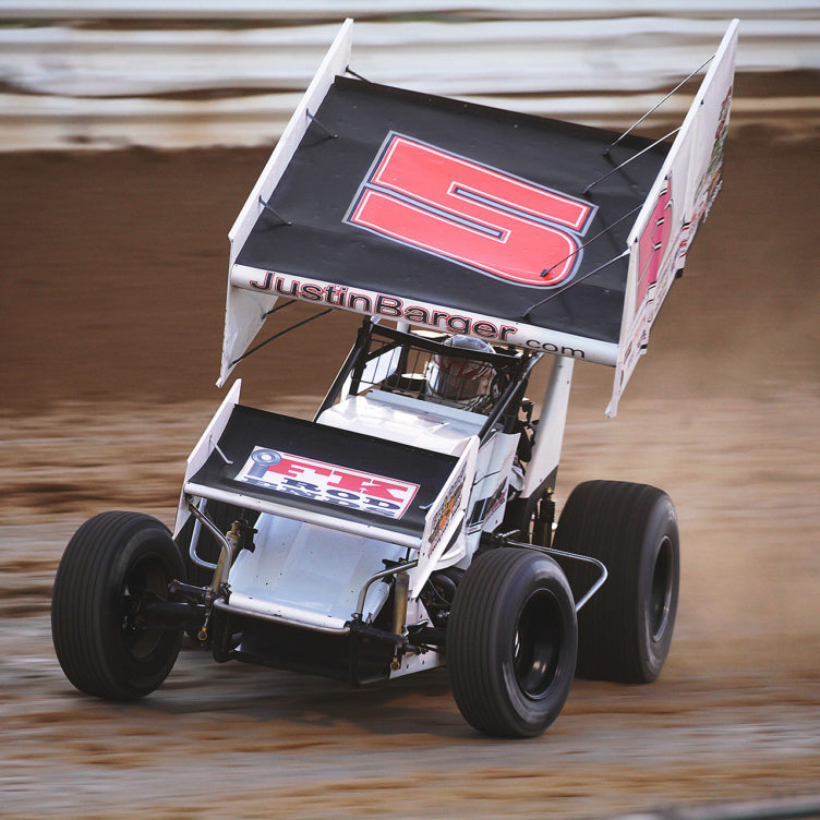no.5; Justin Barger on the gas through turn 1 at Selinsgrove Speedway–Sunday evening, 2016. ( Jeffrey Turford / TDP )