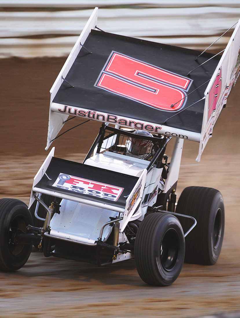 no.5; Justin Barger on the gas through turn 1 at Selinsgrove Speedway–Sunday evening, 2016. ( Jeffrey Turford / TDP )