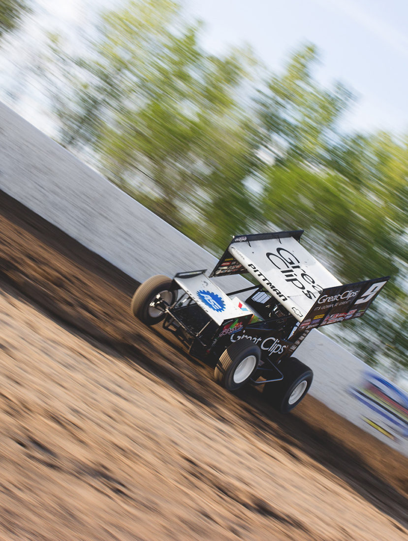 KKR racer; Daryn Pittman goes four wheels in the fluff during The World of Outlaws time trials Weedsport Speedway 2016. Pittman qualified 4th for the feature. ( Jeffrey Turford / TDP )