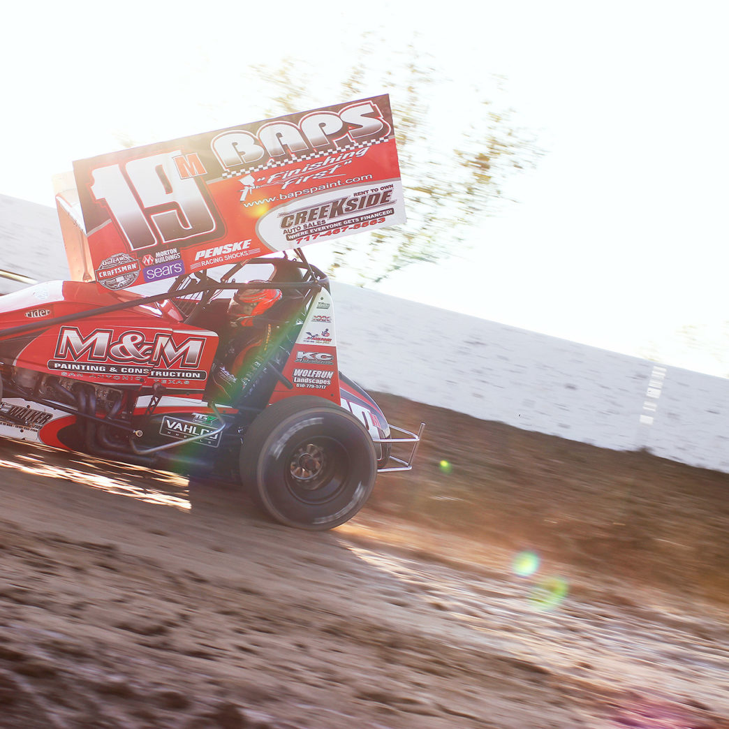 No. 19m; Brent Marks qualifying for the Craftsman World of Outlaws race at Weedsport Speedway. He would later finish 11th in the feature. ( Jeffrey Turford / TDP )