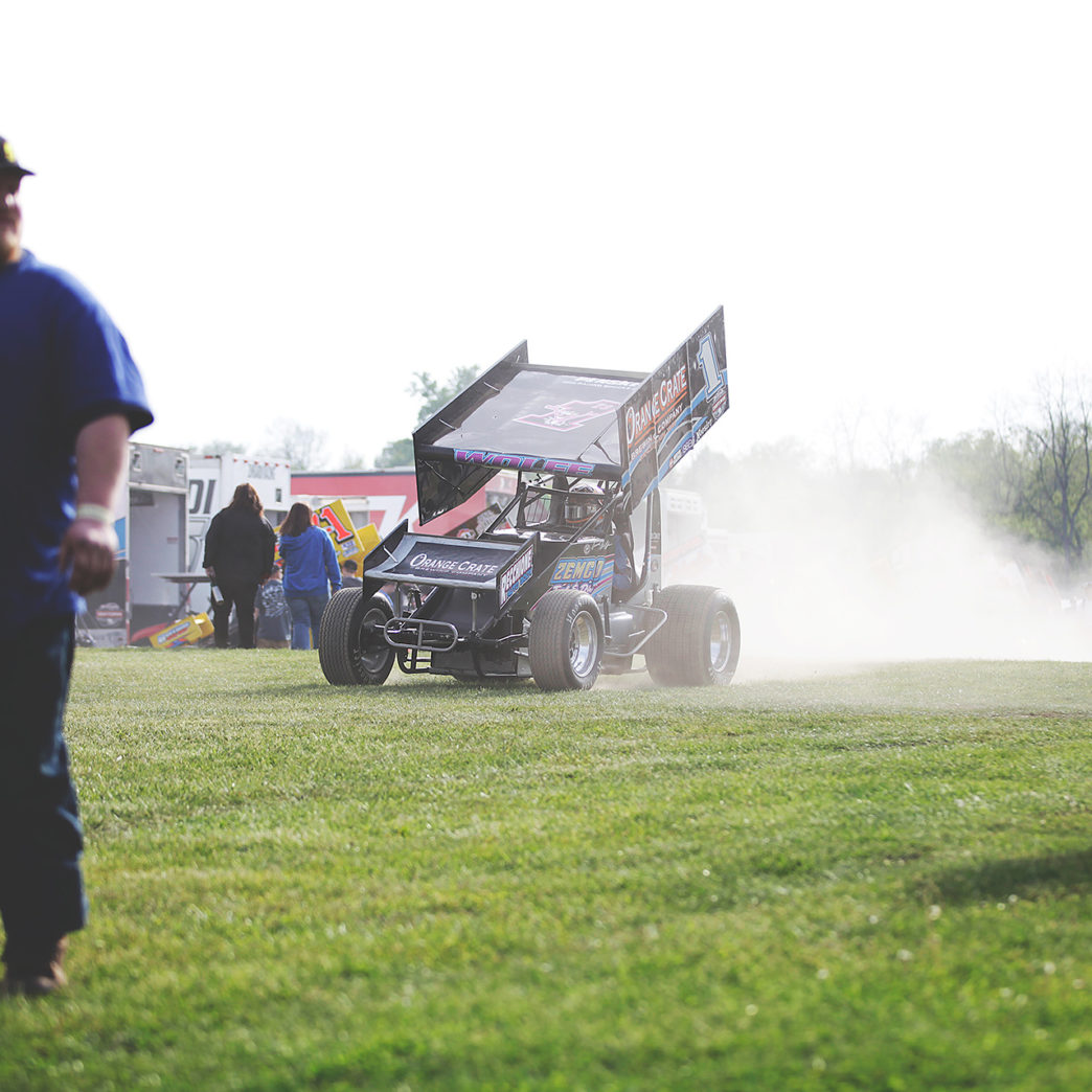 Lucas Wolfe puts heat in the motor is preparation for The Craftsman World of Outlaws series race at Weedsport where he would later finish 14th in Feature.( Jeffrey Turford / TDP )