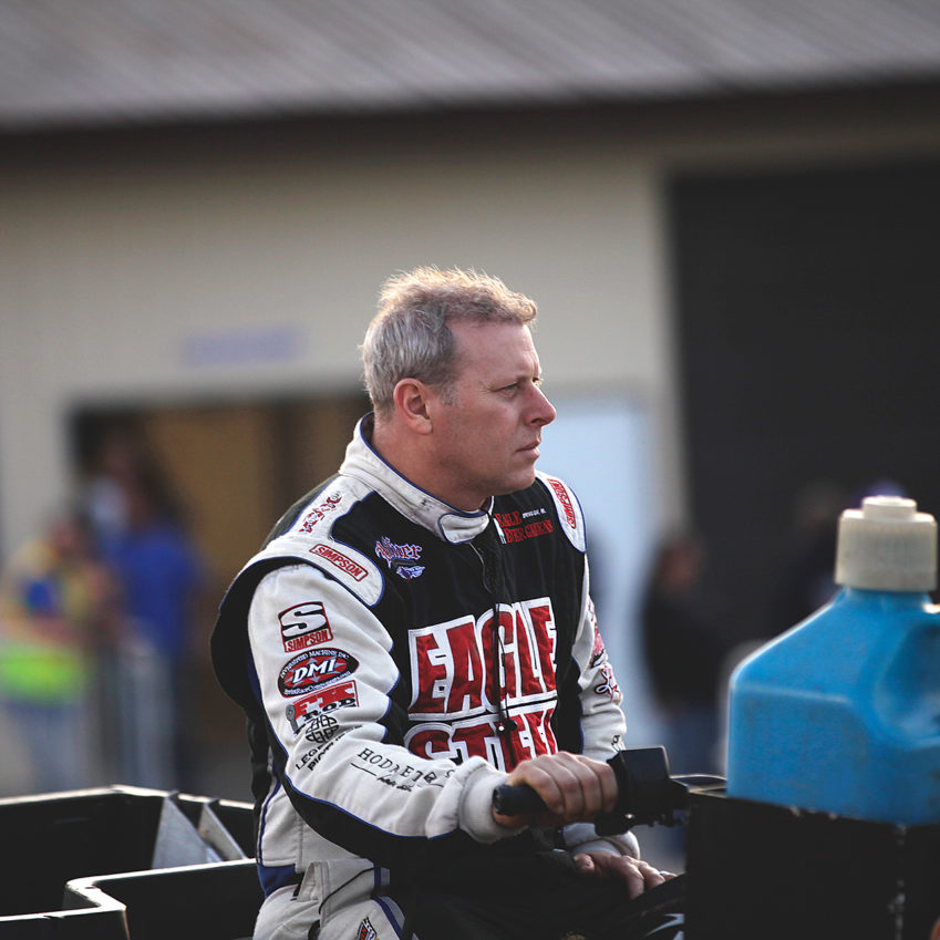 Greg Hodnett checks the track preparation before his heat race at Weedsport Speedway, NY. ( Jeffrey Turford / TDP )
