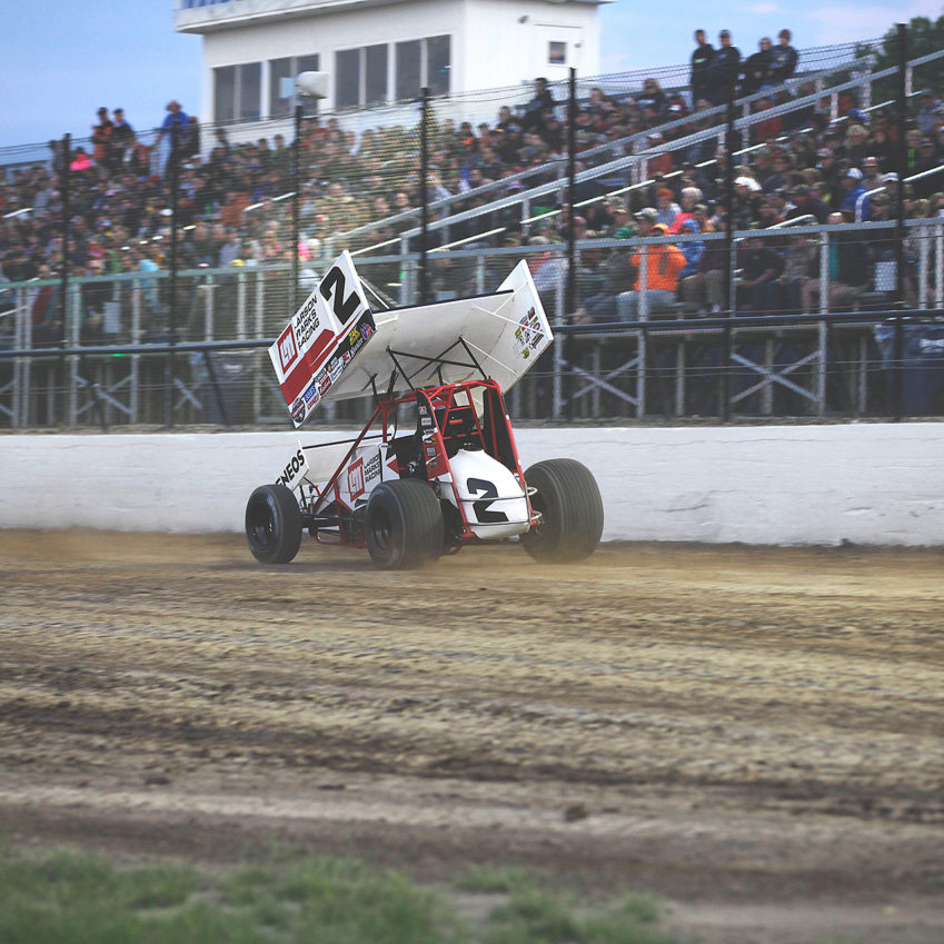 No. 2; Shane Stewart on the gas down the front stretch during heat race action with The World of Outlaws at Weedsport Speedway. ( Jeffrey Turford / TDP )