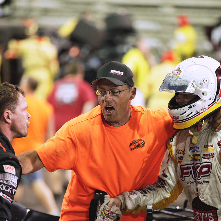 Things got heated between Shane Stewart and Brian Brown following one of the biggest wrecks in World of Outlaws history at Knoxville. ( Jeffrey Turford / TDP )