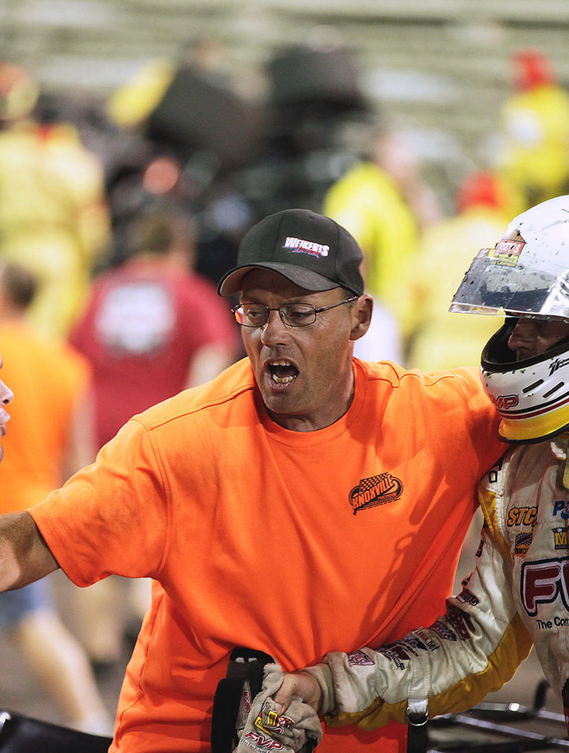 Things got heated between Shane Stewart and Brian Brown following one of the biggest wrecks in World of Outlaws history at Knoxville. ( Jeffrey Turford / TDP )