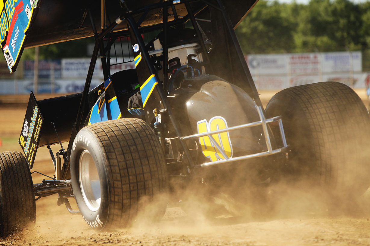 George Hobaugh Jr. launches onto the track for qualifying at Sharon Speedway on Tuesday night for Ohio Speedweek with the ASCoC. ( Jeffrey Turford / TDP )