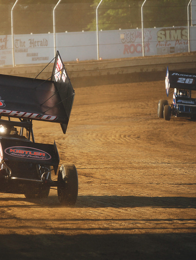 Travis Philo and Tayler Malsam on the gas during hot laps at Sharon Speedway. ( Jeffrey Turford / TDP )