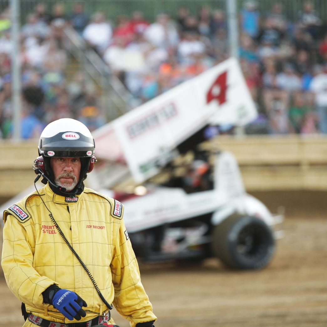 One of the many on-hand safety marshals providing support at Sharon Speedway for the ASCoC 410 sprintcar event. ( Jeffrey Turford / TDP )