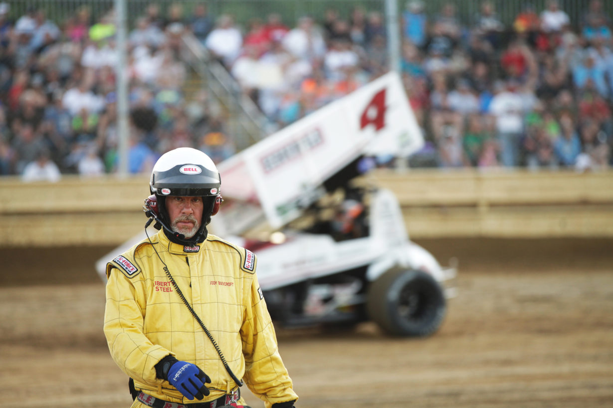 One of the many on-hand safety marshals providing support at Sharon Speedway for the ASCoC 410 sprintcar event. ( Jeffrey Turford / TDP )