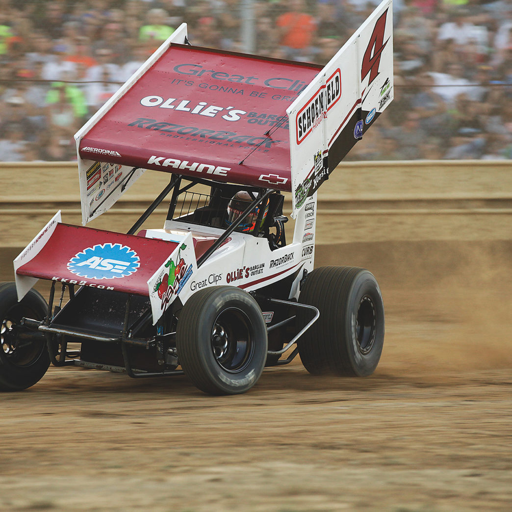 Kasey Kahne leans hard into turn 1 at Sharon Speedway with the ASCoC. Kahne ran 5th in his heat and was able to win the B Feature to transfer to the A Feature event at Sharon Speedway. ( Jeffrey Turford / TDP )
