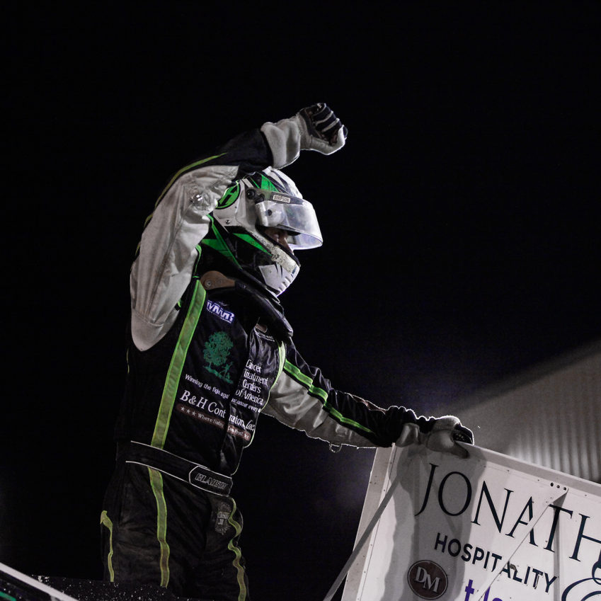 Bryan Clauson celebrates the Feature win at Sharon Speedway with The ASCoC. Clauson started 4th and led most of the race to win the Feature. ( Jeffrey Turford / TDP )
