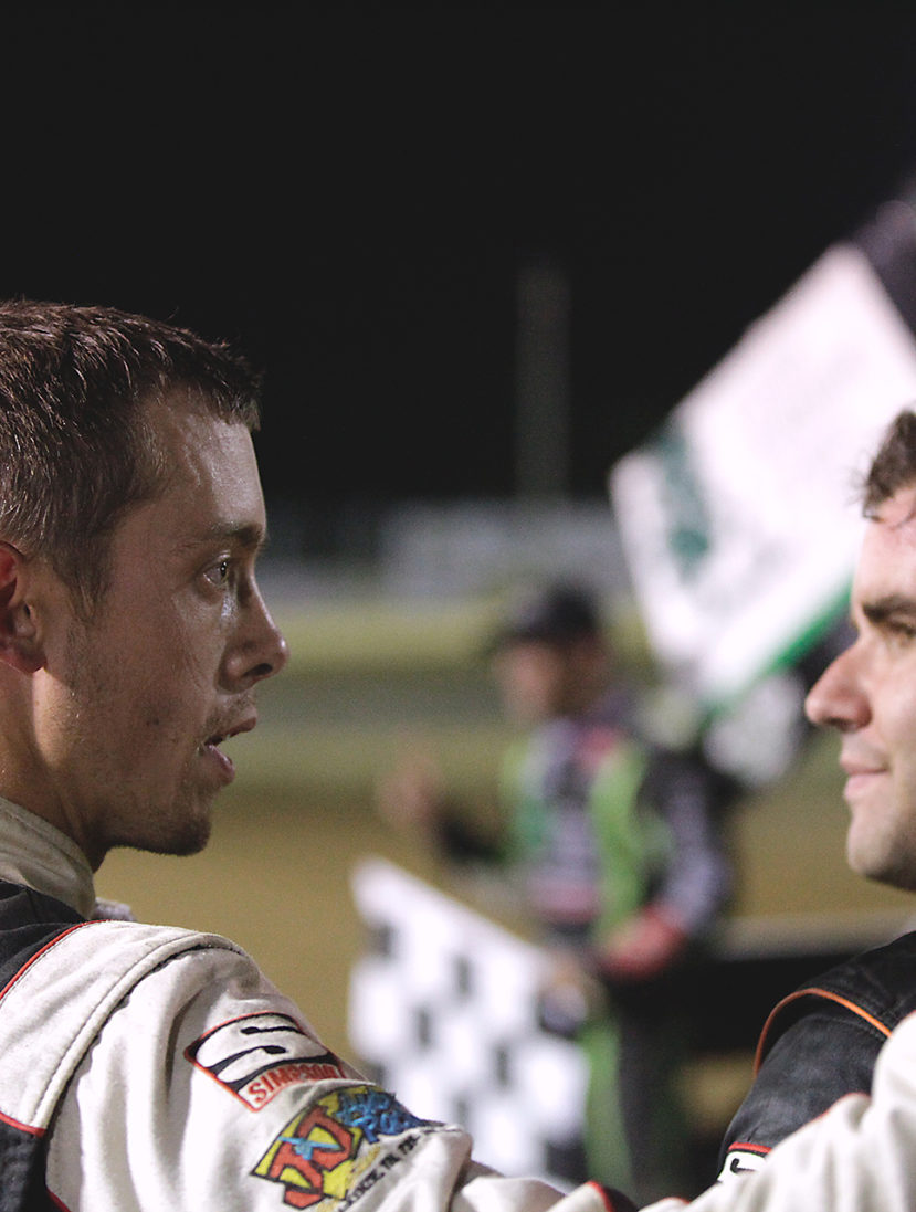 3rd place; Danny Holtgraver and runner-up; Cap Henry do the post-race review before congratulating Bryan Clauson on the Feature win at Sharon Speedway with The All Star Circuit of Champions. ( Jeffrey Turford / TDP )