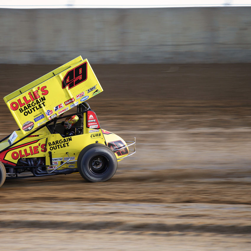 Brad Sweet in the 49 Ollie's Bargain Oulets car running his heat at Lawrenceburg Speedway. Sweet finished 4th in his heat at Lawrenceburg Speedway to advance to The A Feature with The Craftsman World of Outlaws series. ( Jeffrey Turford / TDP )