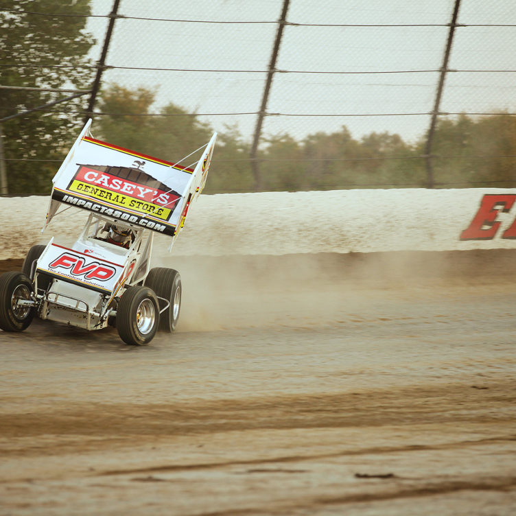 Brian Brown on the gas out of turn 2 at Eldora Speedway. Brown started 1st and finished 1st in his heat to transfer to the Kings Royal feature at Eldora Speedway. ( Jeffrey Turford / TDP )