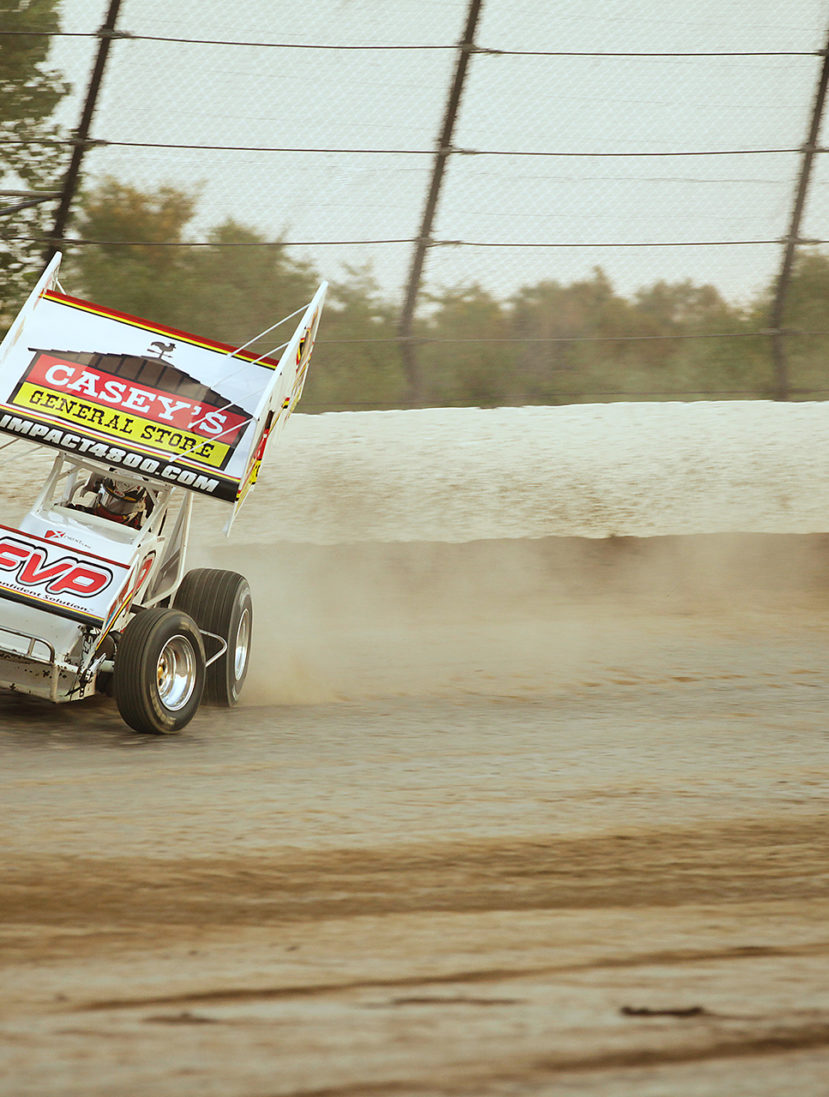 Brian Brown on the gas out of turn 2 at Eldora Speedway. Brown started 1st and finished 1st in his heat to transfer to the Kings Royal feature at Eldora Speedway. ( Jeffrey Turford / TDP )