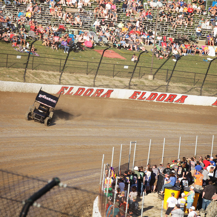 Parker Price-Miller on the gas around turn 3 at Eldora. Price-Miller and the no. 2X during time trials for The 2016 Kings Royal at Eldora Speedway. ( Jeffrey Turford / TDP )