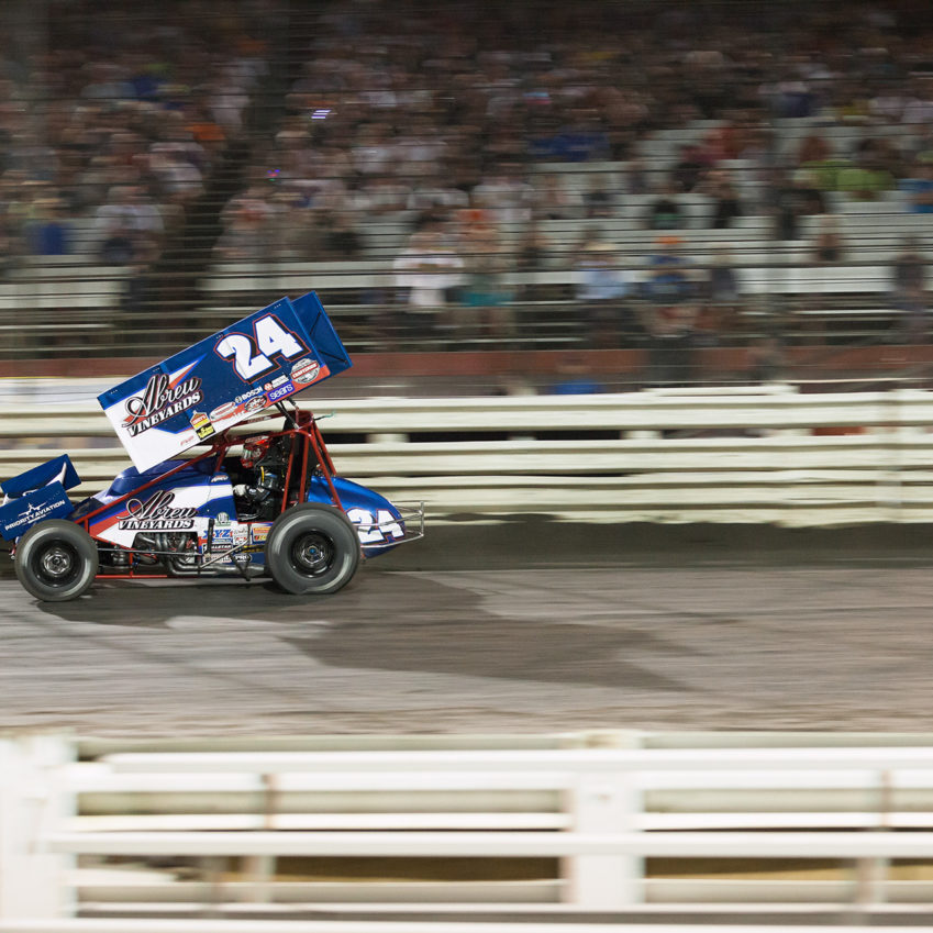 Rico Abreu in the lead –on the final lap of the A Main, on day 3 of The 2016 Knoxville Nationals. ( Jeffrey Turford / TDP )