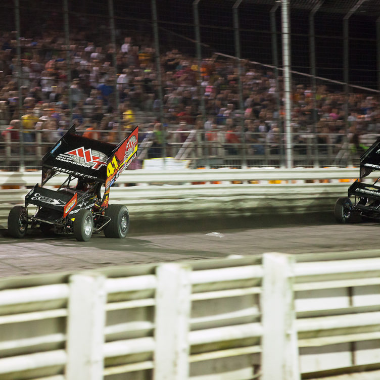 Jason Johnson and Donny Schatz traded the lead multiple times in The Knoxville Nationals A Main. Eventually Johnson would prevail. ( Jeffrey Turford / TDP )