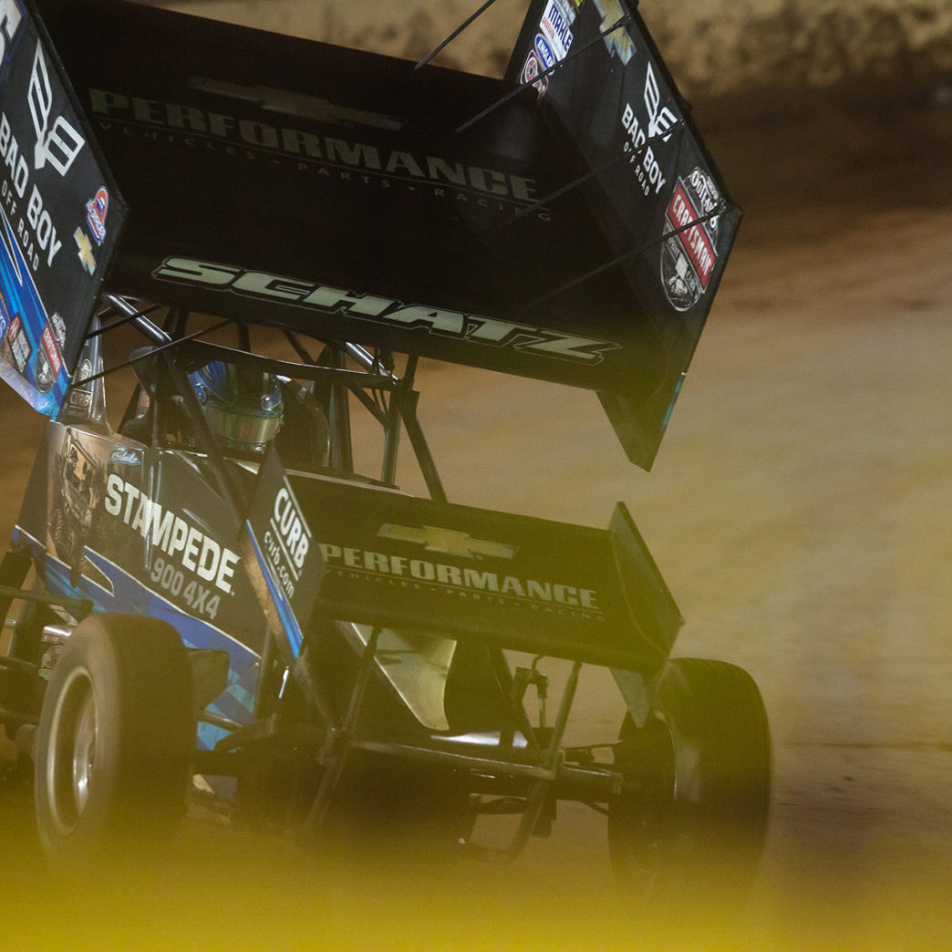 Donny Schatz leading the Feature with 5 laps to go at The 2016 WoO World Finals in Charlotte, N. Schatz passed David Gravel for the lead on lap 15 and never looked back on his way to his 25th Feature win with The World of Outlaws. ( Jeffrey Turford / TDP )