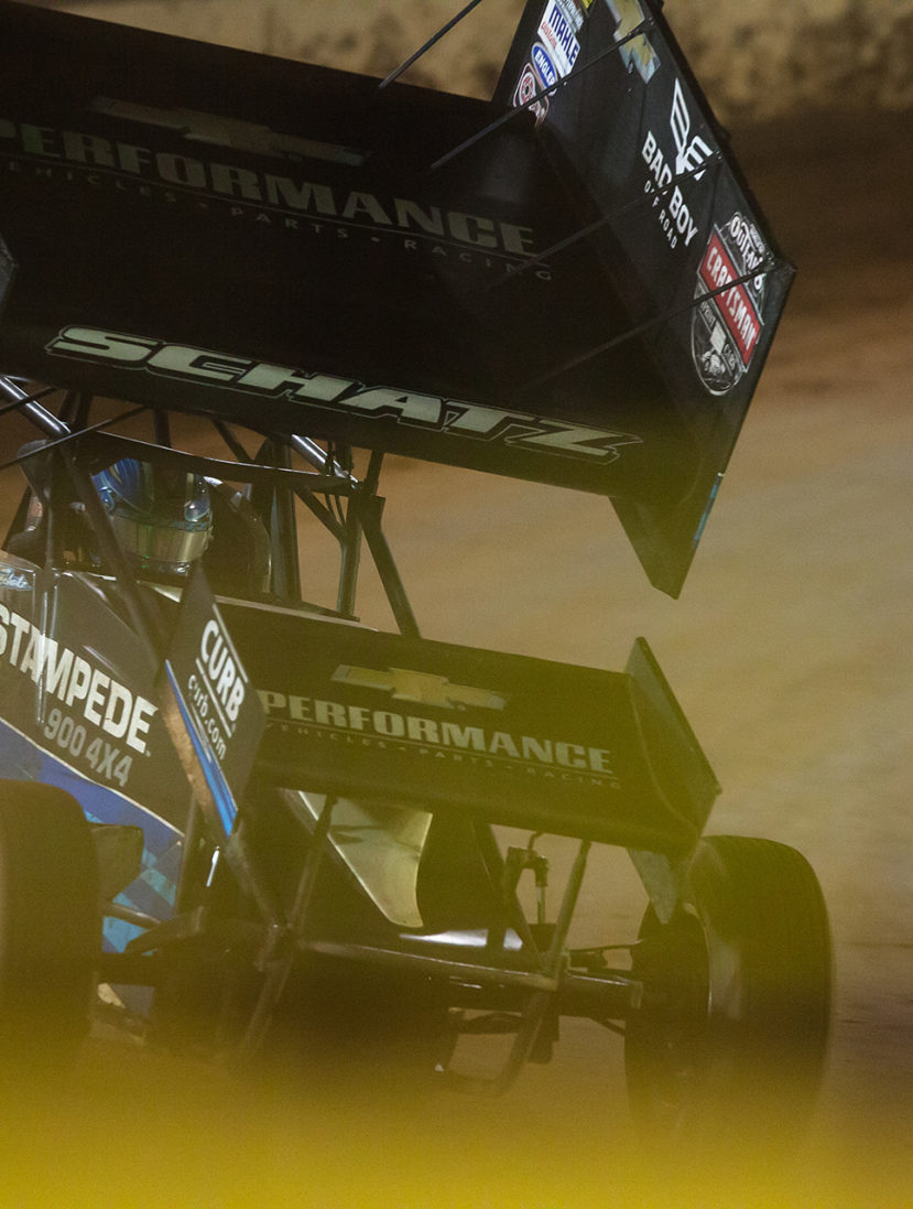Donny Schatz leading the Feature with 5 laps to go at The 2016 WoO World Finals in Charlotte, N. Schatz passed David Gravel for the lead on lap 15 and never looked back on his way to his 25th Feature win with The World of Outlaws. ( Jeffrey Turford / TDP )
