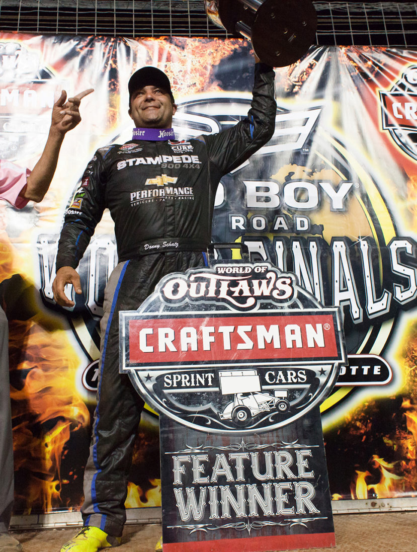 Donny Schatz wins the A main on Saturday, Day 3 of The Bad Boy Off Road World of Outlaws World Finals at The Dirt Track at Charlotte in Charlotte, North Carolina in 201. Donny Schatz started 5th and quickly rose to 1st. Schatz held on and never looked backed, to pick up his 25th win of the year.( Jeffrey Turford / TDP )