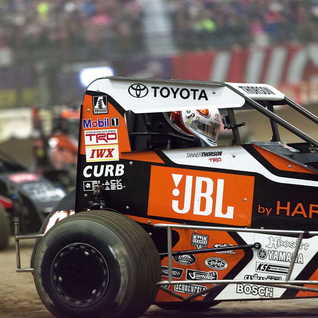 Friday January 13, 2017 TULSA, Oklahoma - Tanner Thorson throws the car into turn 1 during Heat race 10 on Vacuworx Qualifying Night of The 31st annual Lucas Oil Chili Bowl Nationals presented by General Tire.