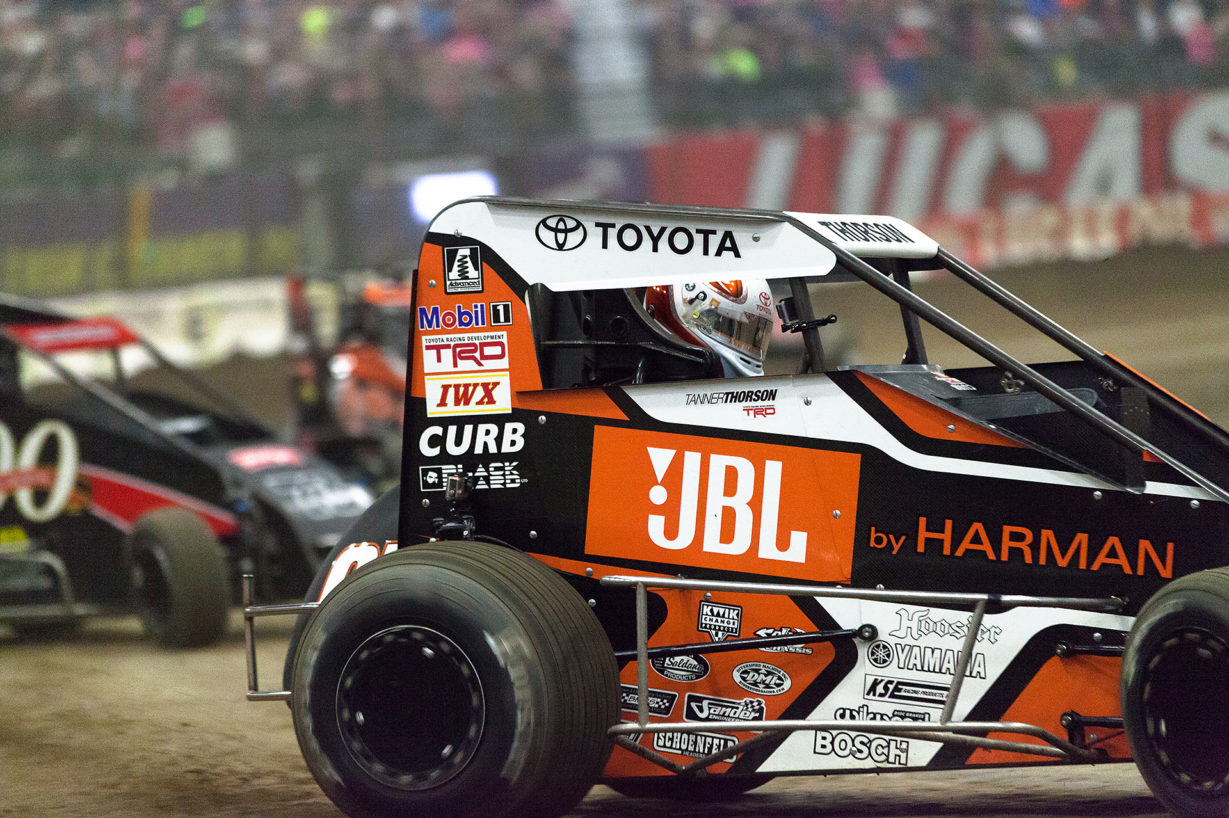 Friday January 13, 2017 TULSA, Oklahoma - Tanner Thorson throws the car into turn 1 during Heat race 10 on Vacuworx Qualifying Night of The 31st annual Lucas Oil Chili Bowl Nationals presented by General Tire.