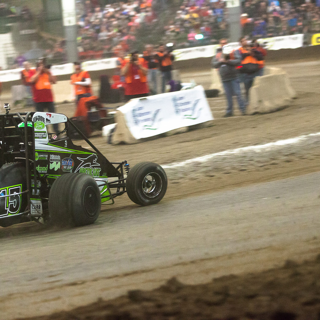 Saturday January 14, TULSA, Oklahoma - Donny Schatz takes the bottom in turn 2, on the final lap of the B-Feature, on the final night of The 2017 Chili Bowl ( Jeffrey Turford / TDP )