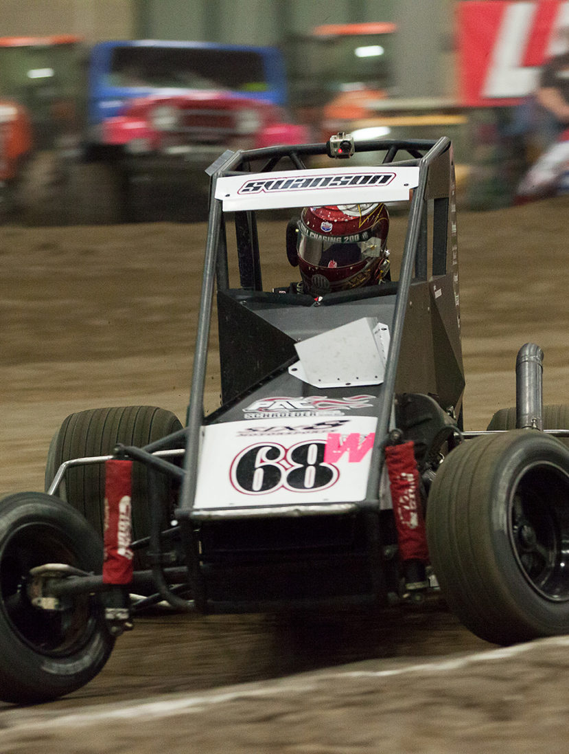 Saturday January 14, TULSA, Oklahoma -No.68W, SIX8 Motorsports car of Jake Swanson angles into turn 2 of Tulsa Expo Raceway in The 31st annual Lucas Oil Chili Bowl Nationals presented by General Tire. ( Jeffrey Turford / TDP )