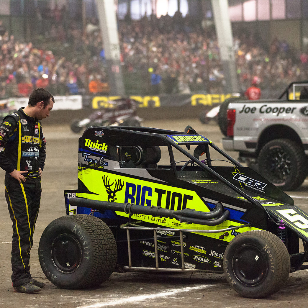 Saturday January 14, TULSA, Oklahoma - 2016 ARCA Racing Champion, Chase Briscoe, looks on disappointingly at a bent rear shock on his Big Tine sponsored, Cunningham Motorsports Midget ( Jeffrey Turford / TDP )