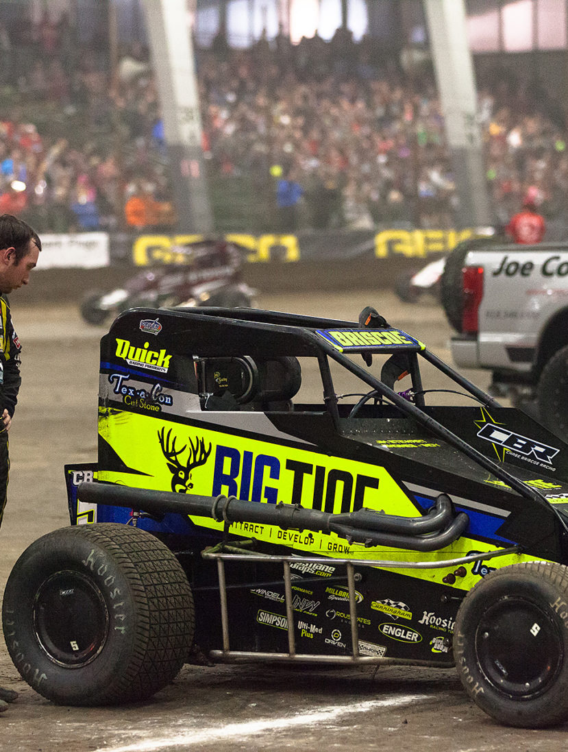 Saturday January 14, TULSA, Oklahoma - 2016 ARCA Racing Champion, Chase Briscoe, looks on disappointingly at a bent rear shock on his Big Tine sponsored, Cunningham Motorsports Midget ( Jeffrey Turford / TDP )