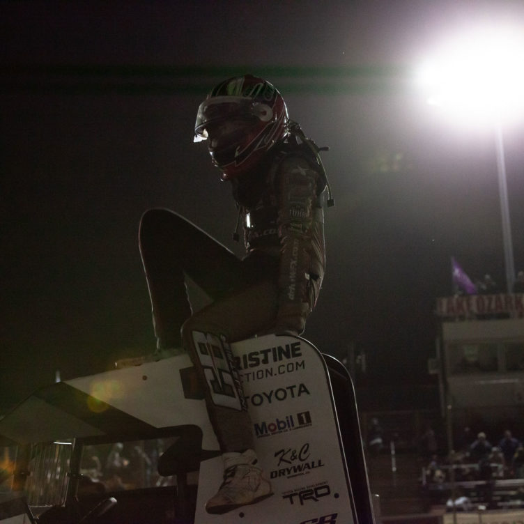 Ryan Timms exits his car after winning the POWRi Feature on night 1 of Lake Ozark Speedway Memorial Weekend Sprint and Midget Nationals presented by The Drivers Project. ( Jeffrey Turford / TDP )