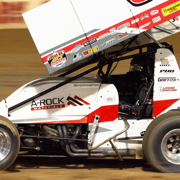 No.95 Matt Covington running hard out of turn 2 at Lake Ozark Speedway during the ASCS 360 Sprint Car A Feature on night 1 of the Memorial Weekend Sprint and Midget Nationals presented by The Drivers Project. ( Jeffrey Turford / TDP )